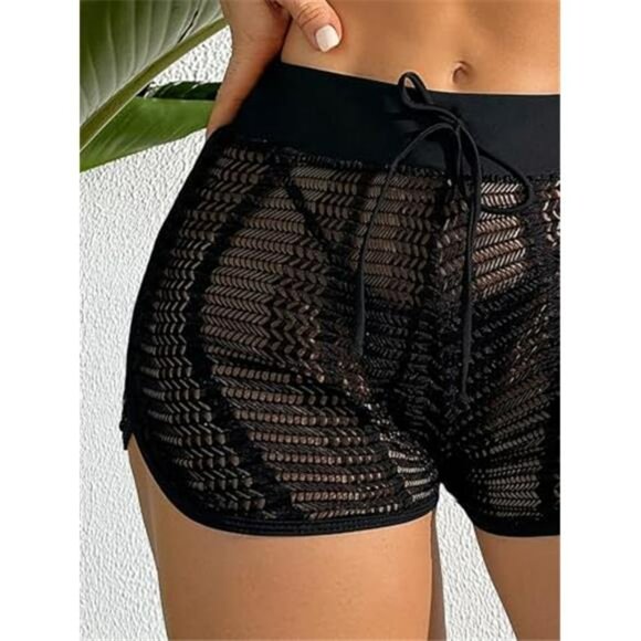 Women's Hollow Out Cover Up Shorts High Waisted Semi Sheer Tie Front - Picture 3 of 5